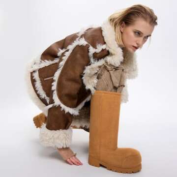 LACIKOSZ Faux Suede Platform Fuzzy Snow Boots Round Toe Hippy Winter Boots Slip On Knee High Chunky Heel Fur Tall Boots for Women