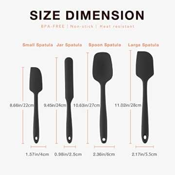 EXQ Home Silicone Spatula Set Heat Resistant 450°F,Seamless Design Baking Spatulas Kitchen Non-Stick Rubber Scraper and Spatula for Cooking 4 Piece Black