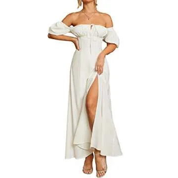 KUTUMAI Women's Summer Off Shoulder Maxi Dress Puff Sleeve A Line Flowy Ruffle Swing Split Long Dresses White M