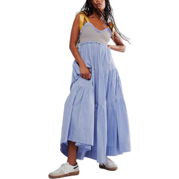 Women Boho Tie Shoulder Dress Y2k Floral Smocked Long Flowy Dresses Cute Summer Beach Spaghetti Stra...