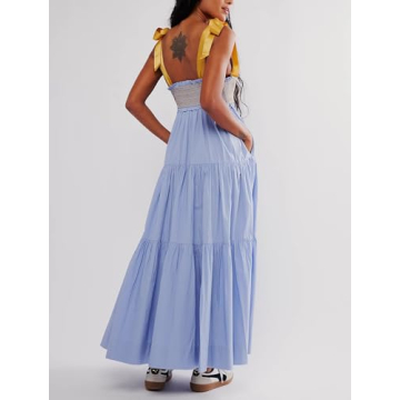 Women Boho Tie Shoulder Dress Y2k Floral Smocked Long Flowy Dresses Cute Summer Beach Spaghetti Strap Maxi Sundress Light Purple