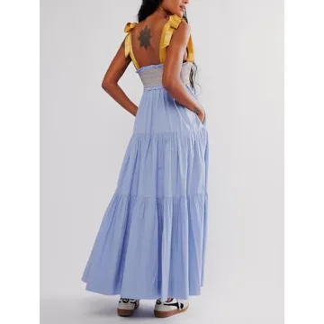 Women Boho Tie Shoulder Dress Y2k Floral Smocked Long Flowy Dresses Cute Summer Beach Spaghetti Strap Maxi Sundress Light Purple