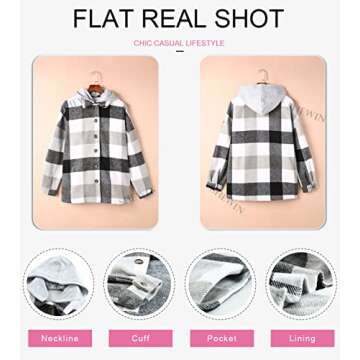 SHEWIN Womens Casual Plaid Shacket Jacket Hoodie Long Sleeve Button Down Hooded Flannel Shirts Coats...