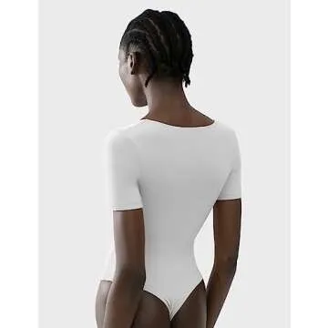 PUMIEY Bodysuit for Women V Neck Shorts Sleeve T Shirt Bodysuits Splashed White Small