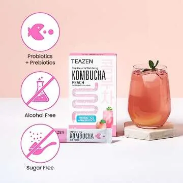 TEAZEN Peach Kombucha Tea - Sugar-Free, Probiotic Drink Mix