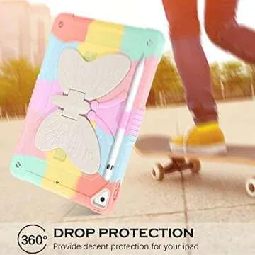 YINLAI for iPad 9th Generation Case,iPad 10.2 Inch Case,iPad 8th 7th Generation Case,iPad Air 3 Case Girls Kids Women Butterfly Kickstand Shockproof Protective Cover with Pencil Holder,Colorful Pink