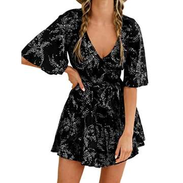 AIMCOO Womens Summer Short Flared Sleeve Romper V Neck Floral Print Jumpsuit Waist Tie Layer Ruffle Hem Dress Look Rompers