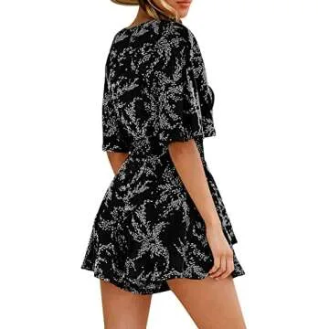 AIMCOO Womens Summer Short Flared Sleeve Romper V Neck Floral Print Jumpsuit Waist Tie Layer Ruffle Hem Dress Look Rompers