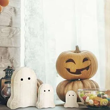 Weysat 3 Pcs Halloween Tiered Tray Decor Wooden Ghost Halloween Table Centerpiece Decorations Rustic Home Kitchen Table Signs for Halloween Party Gifts Supplies