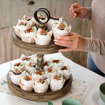 Hallops Wood 2 Tiered Tray | Rustic Farmhouse Decor | Rustic Serving Cake Stand | Galvanized Kitchen Table | Fall Decor | Food and Party Display(Brown)