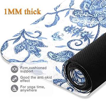 Blue White Floral Yoga Mat Non Slip Natural Rubber Fitness Exercise Mat for Home Workout Gym Stretching Pilates Mats with Carrying Bag 71" x 26"