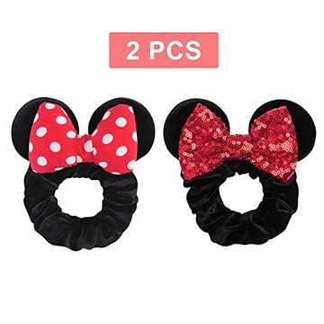 2 Pack Mouse Ears Scrunchies, TEKI Sequin Hair Band Velvet Hair Bows Hair Tie Ponytail Holder Hair Accessories for Women Girls (Big White Spot+Red)
