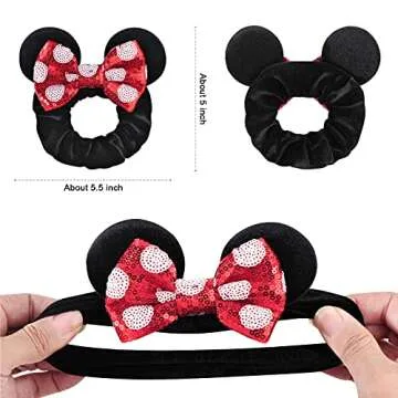 2 Pack Mouse Ears Scrunchies, TEKI Sequin Hair Band Velvet Hair Bows Hair Tie Ponytail Holder Hair Accessories for Women Girls (Big White Spot+Red)