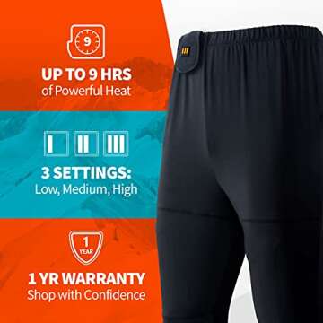 Basecamp Men’s Heated Base Layer Pants - 8 Hours of Heat | 4 Heat Zones | with Battery & Charger | Machine Washable | All Day Warmth Onyx