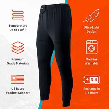Basecamp Men’s Heated Base Layer Pants - 8 Hours of Heat | 4 Heat Zones | with Battery & Charger | Machine Washable | All Day Warmth Onyx
