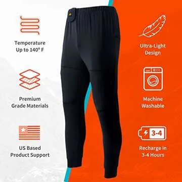 Basecamp Men’s Heated Base Layer Pants - 8 Hours of Heat | 4 Heat Zones | with Battery & Charger | Machine Washable | All Day Warmth Onyx