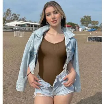 OQQ Women 2 Piece Bodysuits Sexy Ribbed Heart Neck Short Sleeve Stretch Tank Tops Bodysuits Black Coffee