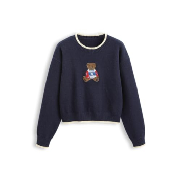 CIDER Womens Sweaters Fall Long Sleeve Bear Graphic Crewneck Sweater Soft Knit Casual Cropped Pullov...