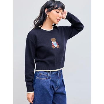 CIDER Women's Cropped Bear Graphic Sweater for Fall