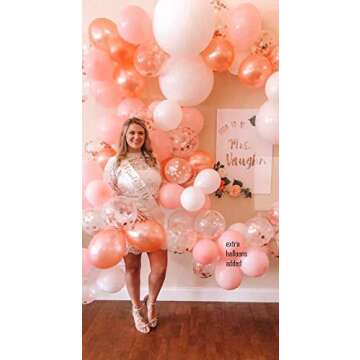 Rose Gold Balloons, 113 pc Rose Gold Balloon Garland Kit, Pink Rose Gold Confetti Balloons (w/ Balloon Strip) LARGE size Baby Showers Bridal Bachelorette Weddings RoseGold Balloon Arch Kit