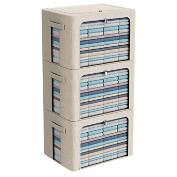 3Pack Foldable Storage Bins - Frame Storage Box Linen Fabric Stackable Clothes Container Organizer w...