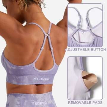 YEOREO Backless Sports Bra for Women Jada Seamless Padded V Neck Workout Bra Strappy Criss Cross Screen Print Yoga Crop Tops Violet Marble L