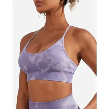 YEOREO Backless Sports Bra for Women Jada Seamless Padded V Neck Workout Bra Strappy Criss Cross Screen Print Yoga Crop Tops Violet Marble L