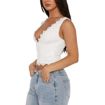 REORIA Womens Summer Tops Sexy V-Neck Sleeveless Double Lined Fashion Going Out Y2K Tank Tops Trendy Lace Slimming Crop Tops for Teen Girls White Small