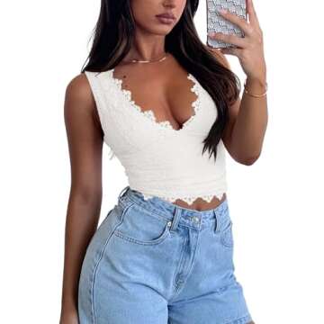 REORIA Womens Summer Tops Sexy V-Neck Sleeveless Double Lined Fashion Going Out Y2K Tank Tops Trendy Lace Slimming Crop Tops for Teen Girls White Small
