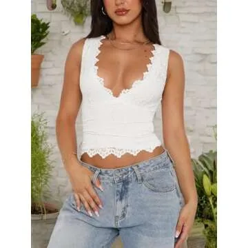 REORIA Womens Summer Tops Sexy V-Neck Sleeveless Double Lined Fashion Going Out Y2K Tank Tops Trendy Lace Slimming Crop Tops for Teen Girls White Small