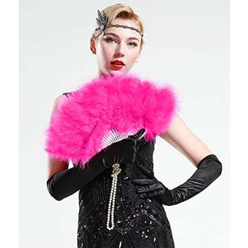 BABEYOND Marabou Feather Fan 20s Vintage Folding Fan Flapper Hand Fan for Costume Dancing Show Tea Party Wedding Decoration (Rose Red)