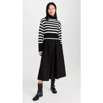 MOON RIVER Women's Long Sleeve Turtleneck Striped Sweater Dress, Black, S