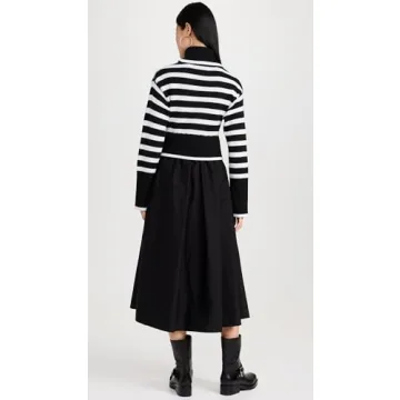 MOON RIVER Women's Long Sleeve Turtleneck Striped Sweater Dress, Black, S