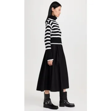 MOON RIVER Women's Long Sleeve Turtleneck Striped Sweater Dress, Black, S