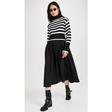 MOON RIVER Women's Long Sleeve Turtleneck Striped Sweater Dress, Black, S
