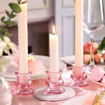 NITIME 12pcs Pink Candlestick Holders, Pink Glass Candle Holders for Pillar Candles, Taper Candle and Tealight Candles, Taper Candle Holders for Wedding, Table Centerpiece