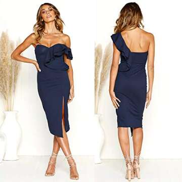 ECOWISH Women's Dresses Sexy Ruffle One Shoulder Sleeveless Split Bodycon Midi Party Dress Navy Blue Small