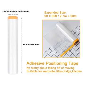 Muf 9 x 65 Feet Plastic Drop Cloth with Masking Tape - Durable, Waterproof Protective Covering
