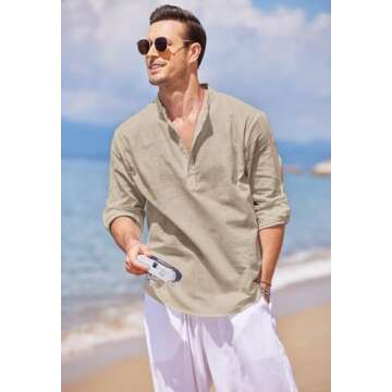 COOFANDY Men's Cotton Linen Henley T-Shirts Long Sleeve Hippie Casual Beach T-Shirts