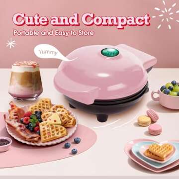 GVAKMM Mini Waffle Maker(Heart),Small Waffle Maker Keto,Mini Wafflera Iron for Kids Family and Individuals,4'' Non Stick Cooking Plates with Fast & Even Heating(Pink)
