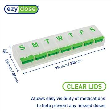 EZY DOSE Weekly (7-Day) Pill Case, Medicine Planner, Vitamin Organizer Box, 2X-Large Push-Button Compartments, Color May Vary, BPA Free