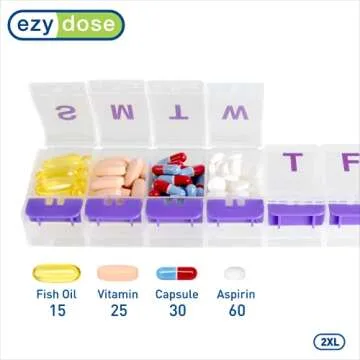 EZY DOSE Weekly (7-Day) Pill Case, Medicine Planner, Vitamin Organizer Box, 2X-Large Push-Button Compartments, Color May Vary, BPA Free