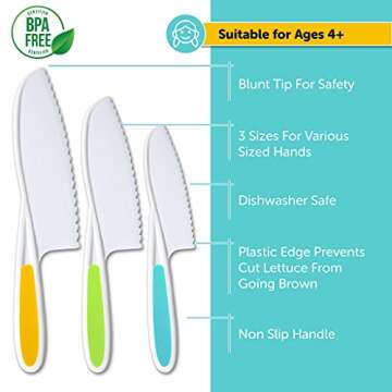 RAGAZZACUCINE Kids Knife Set of 3 - Firm Grip, Serrated Edges & Safe – Colorful Nylon Toddler Cooking Knives to Cut Fruits, Salad, Cake, Lettuce (MultiColor)
