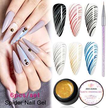 MEET ACROSS 6 Colors Spider Gel, Painting Elastic Drawing Spider Gel for Nail Art, Soak off UV LED N...