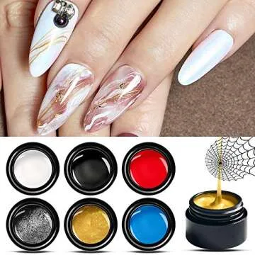 MEET ACROSS 6 Colors Spider Gel, Painting Elastic Drawing Spider Gel for Nail Art, Soak off UV LED Nail Gel, Drawing Nail Gel for Line, DIY Nail Art Manicure with Brushes