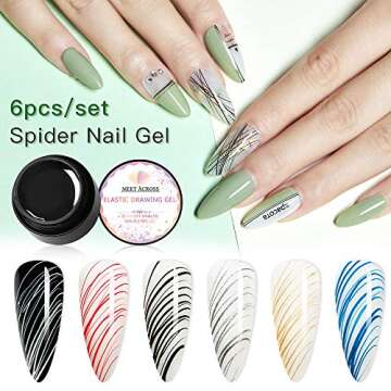 MEET ACROSS 6 Colors Spider Gel, Painting Elastic Drawing Spider Gel for Nail Art, Soak off UV LED Nail Gel, Drawing Nail Gel for Line, DIY Nail Art Manicure with Brushes