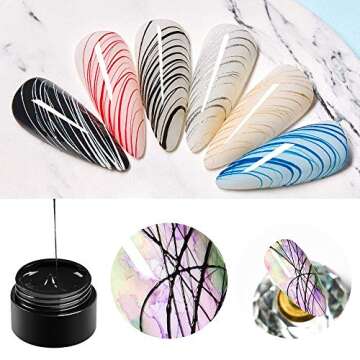 MEET ACROSS 6 Colors Spider Gel, Painting Elastic Drawing Spider Gel for Nail Art, Soak off UV LED Nail Gel, Drawing Nail Gel for Line, DIY Nail Art Manicure with Brushes