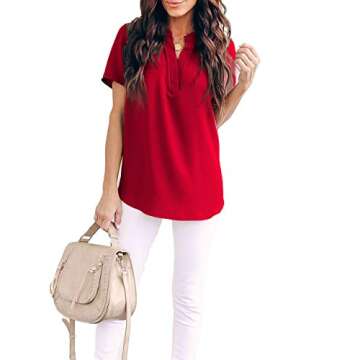 Allimy Women Summer Casual Short Sleeve V Neck Chiffon Blouses Fashion 2025 Tops Large Red