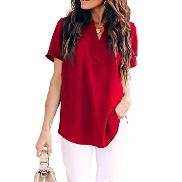 Allimy Women Summer Casual Short Sleeve V Neck Chiffon Blouses Fashion 2025 Tops Large Red
