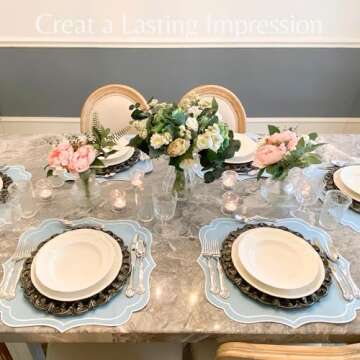 Bryonia Cotton Linen Placemats Set of 4 - Double Layered, Machine Washable, Wrinkle Resistance, Scalloped & Embroidered Cloth Table Mats - Easter, Spring, Giftable Mat 19 x 17 inch, Light Blue